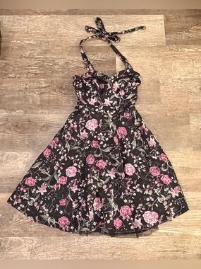 Hot Topic Black Floral Halter Swing Dress with Pink Roses